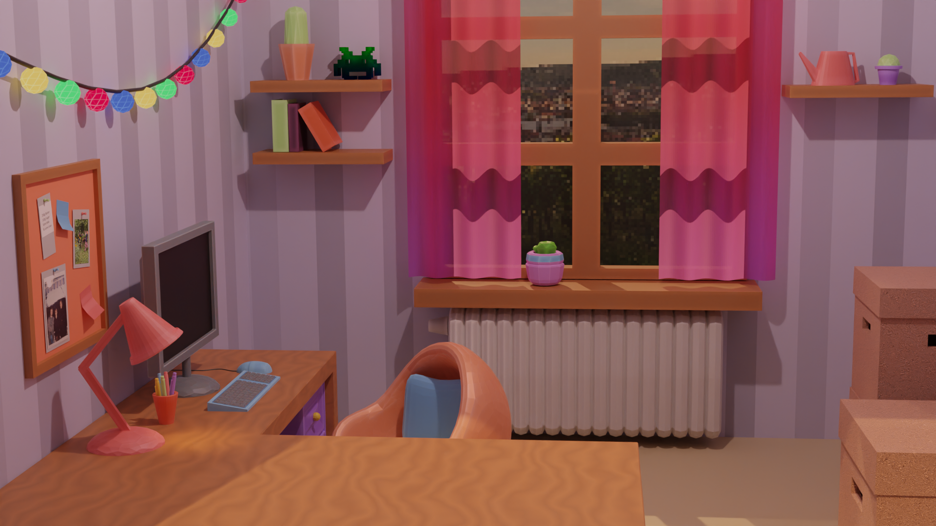 A pink themed room with a window and a workdesk