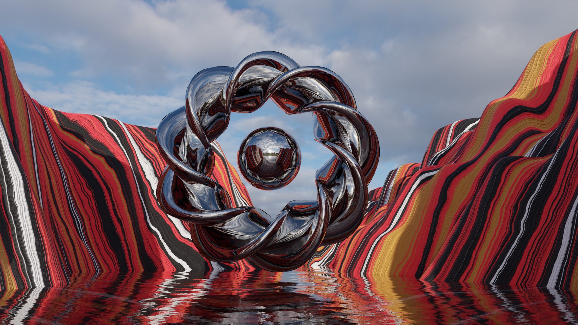 A metallic sphere inside a swirling metallic donut positioned in a red canyon with water at the bottom