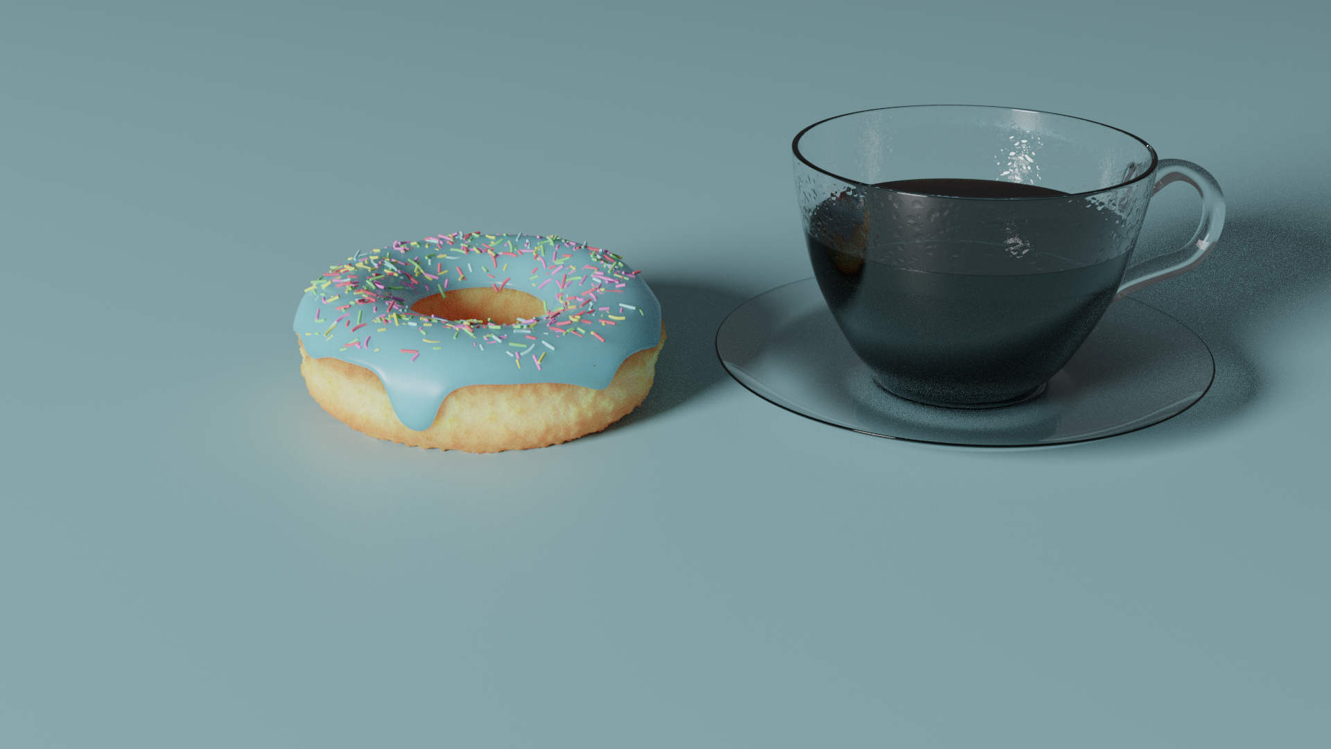 A donut with blue glazing besides a filled glass of tea