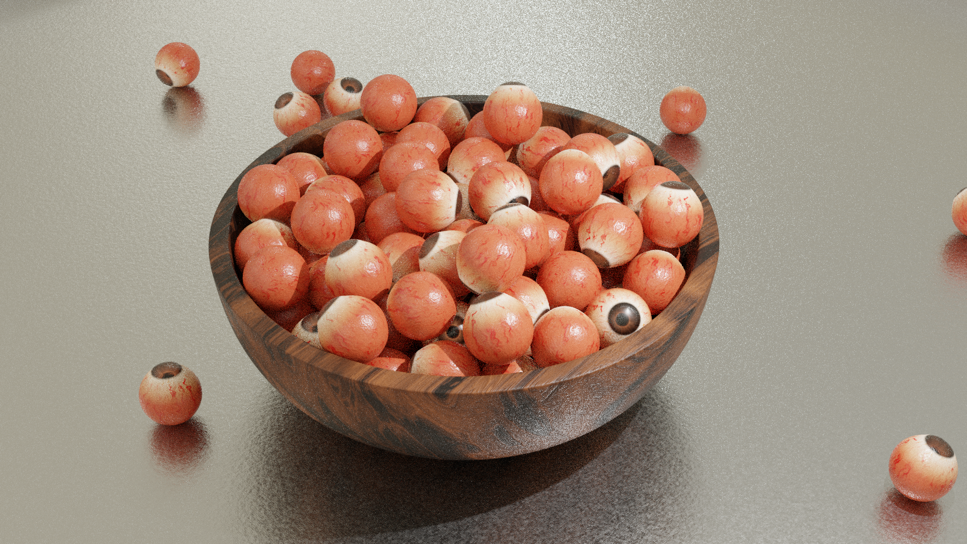 A wooden bowl filled to the brim with eyeballs.