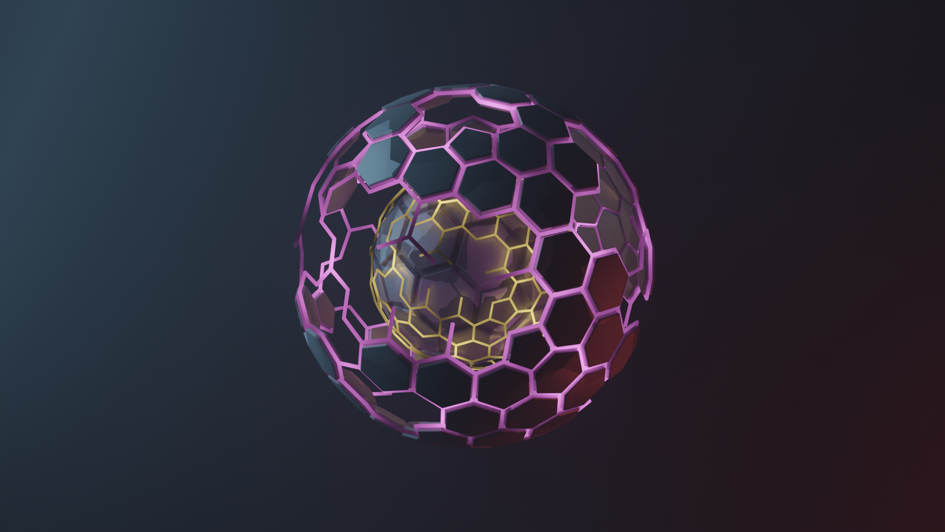 Two colored spheres inside eachother made out of an incomplete hexagonal net