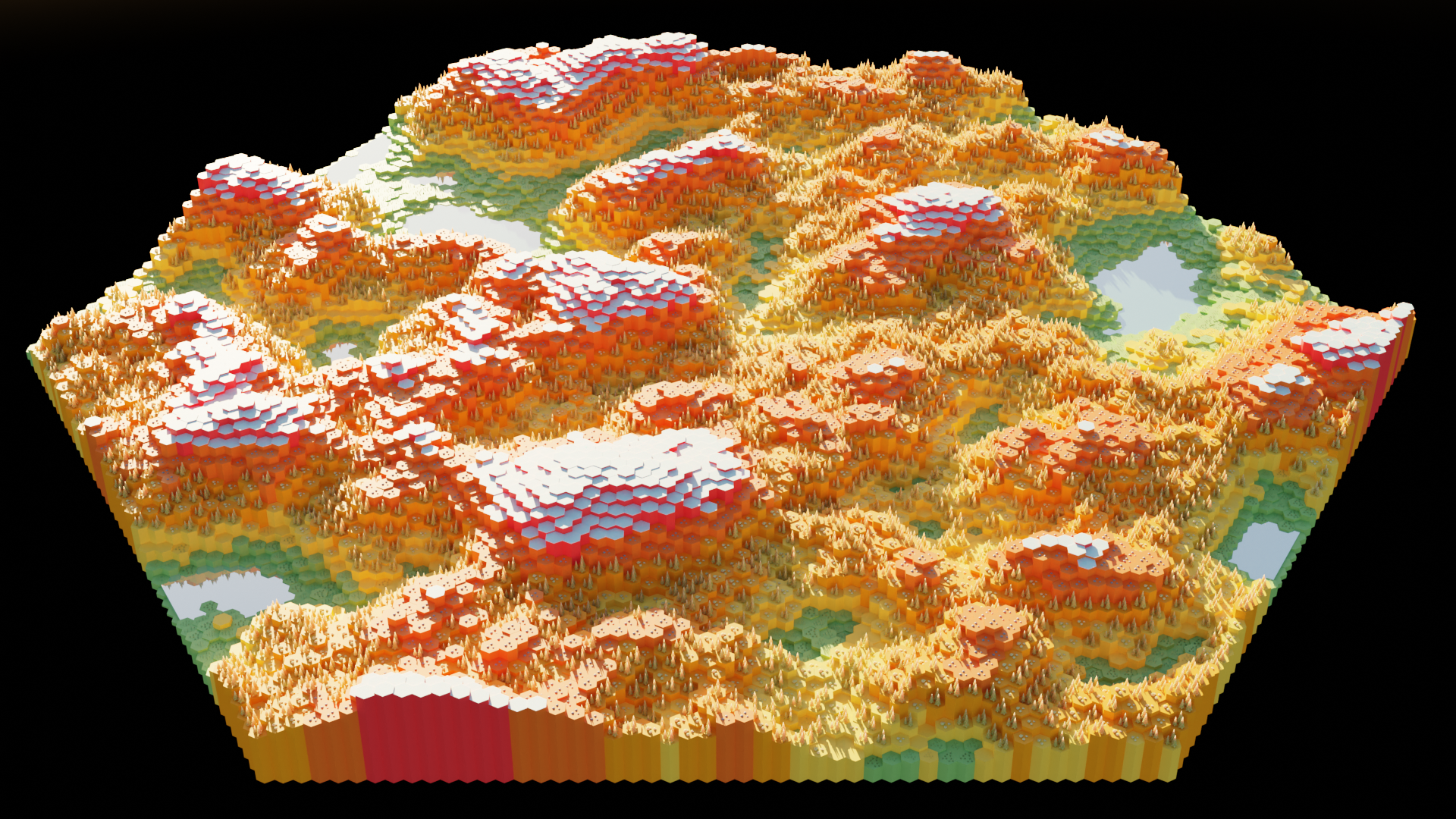 A proceduraly generated landscape on a hexagonal grid