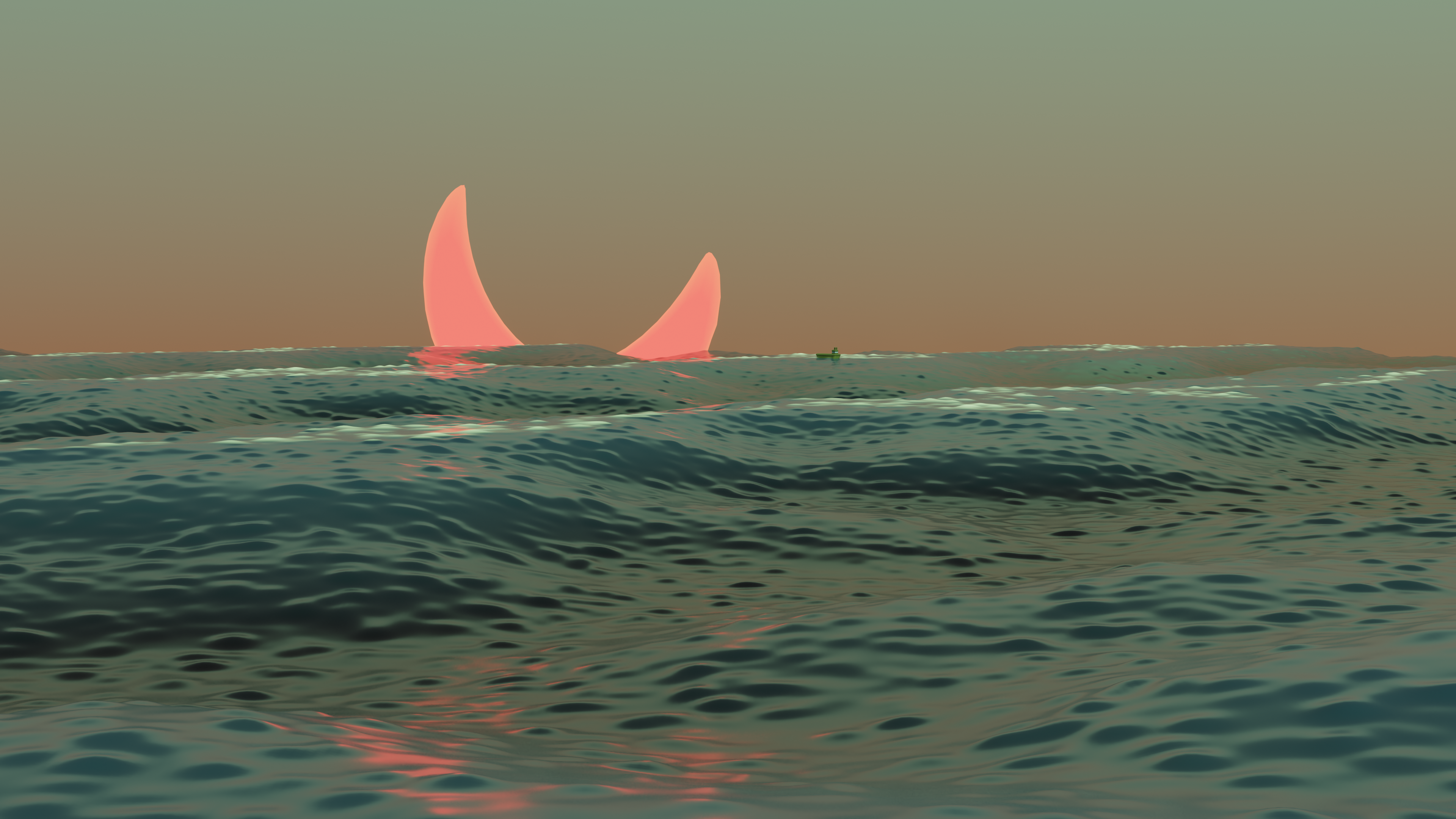 A wavy ocean with giant, glowing pink horns emerging at the horizon