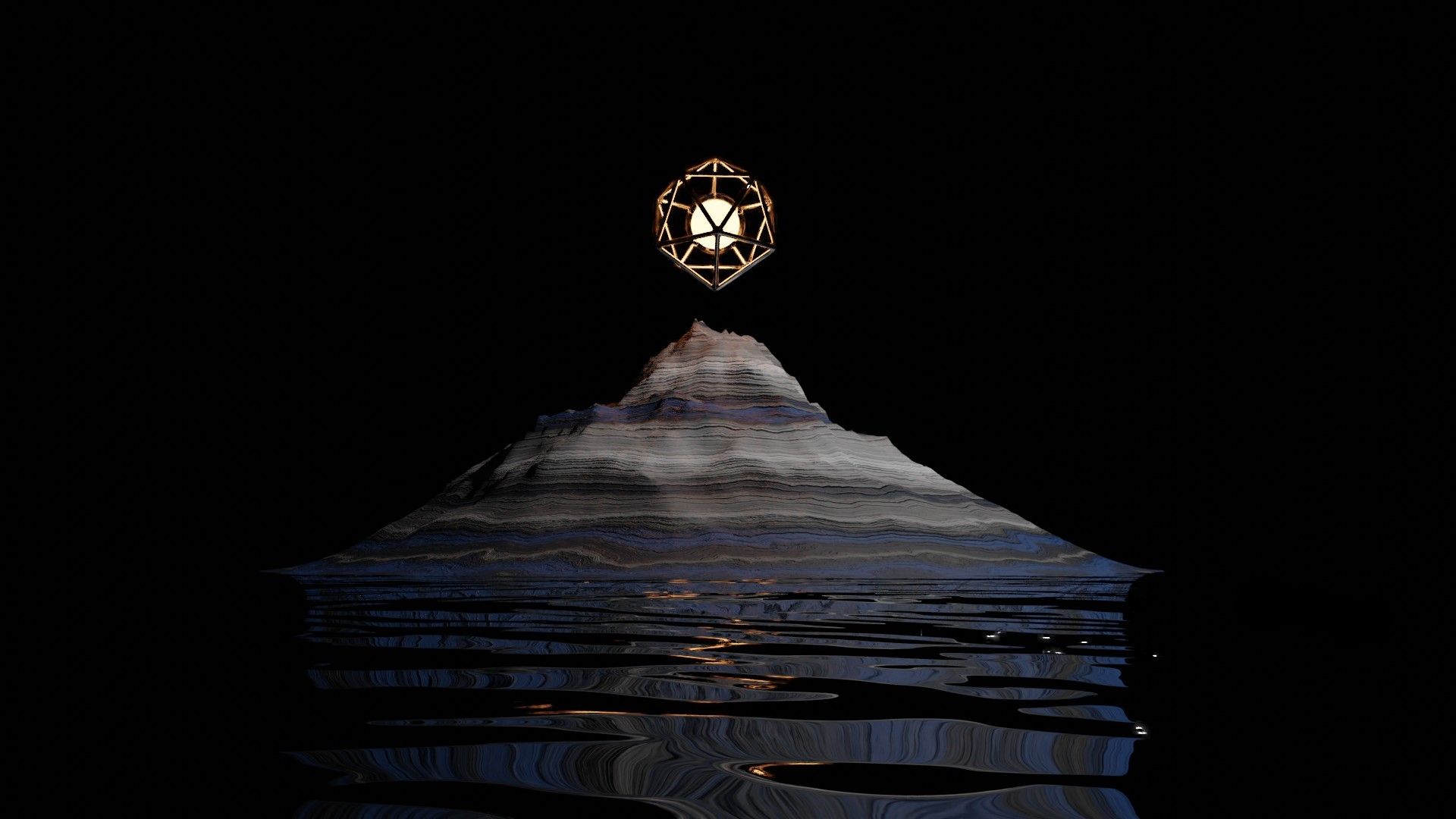 A mountain in water with a dark background and a roundish, glowing lantern above