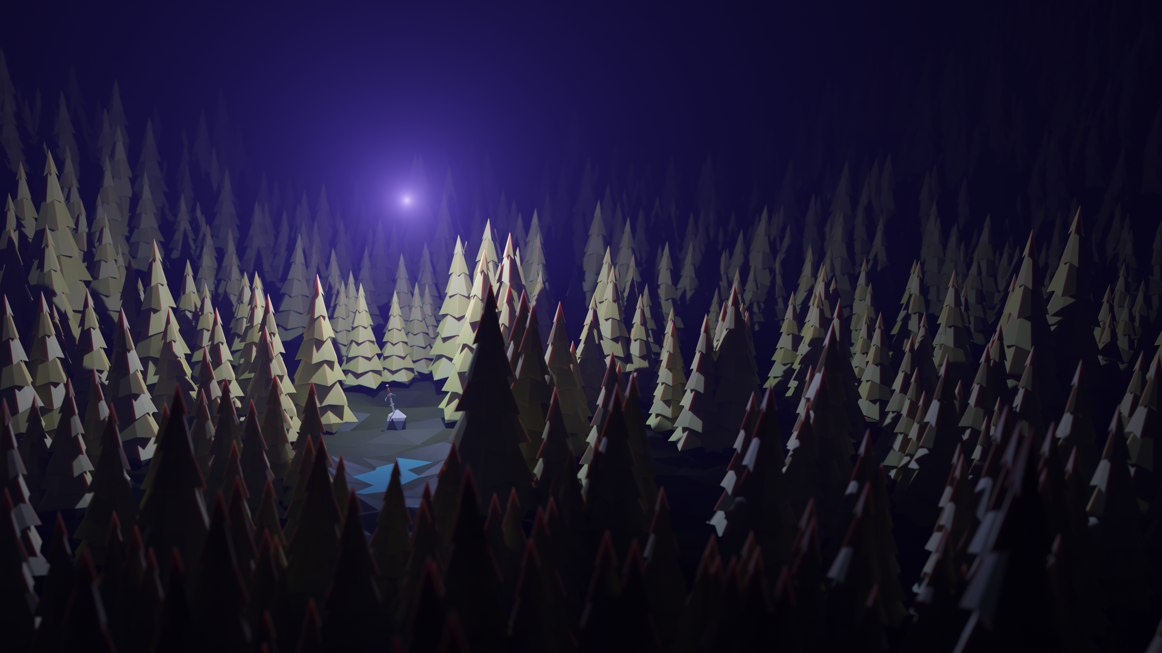 A wide top-view of a dark forest with a sword stuck in a rock on a clearing with a blue glowing light above